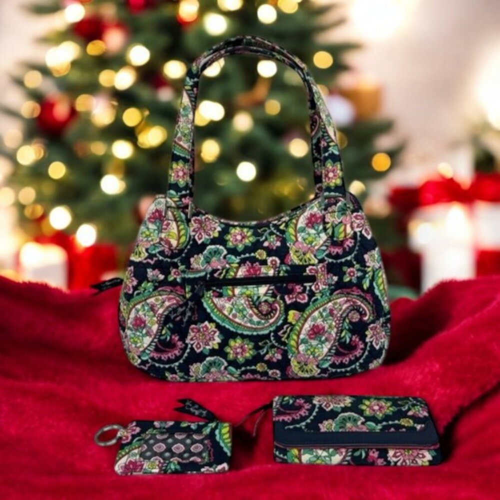 Vera Bradley Blue Green Pink Yellow Floral Paisley 3 Section Shoulder Bag-Wallet